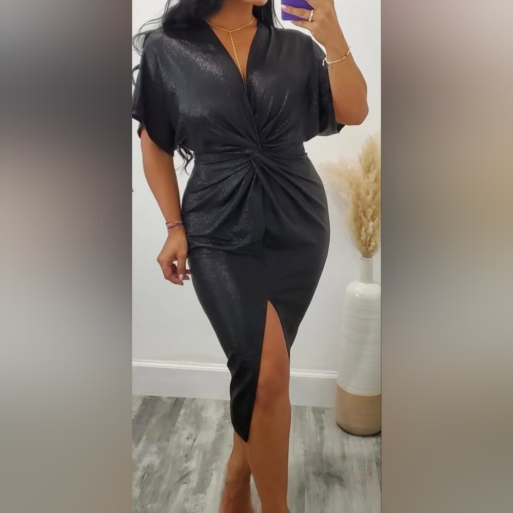 Elegant Black Ruched Dress with Slit